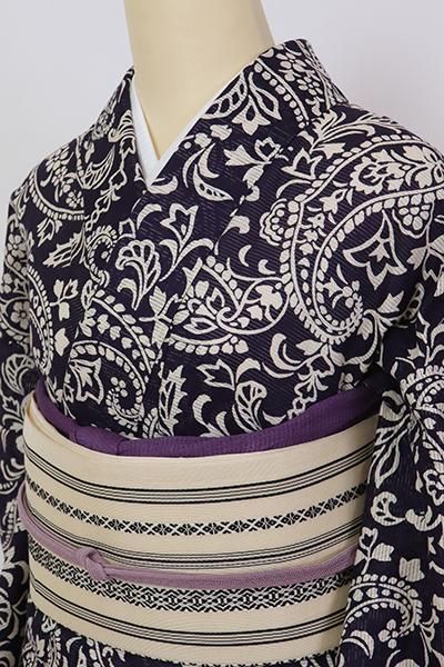 銀座【D-2836】(細め)綿絽 浴衣 紫紺色 ペイズリー文(反端付 銀座【D-2836】(細め)綿絽 浴衣 紫紺色 ペイズリー文(反端付