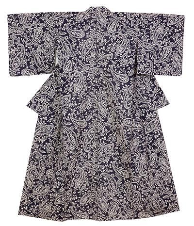 銀座【D-2836】（細め）綿絽 浴衣 紫紺色 ペイズリー文(反端付