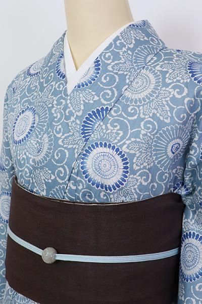 銀座【D-2842】綿麻 浴衣 淡い薄花色 菊唐草文 - 銀座きもの青木