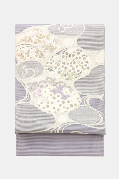 銀座【帯3923】絽綴地 刺繍 袋帯 霞色 光琳水に秋草の図