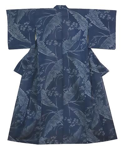 あおき【D-2884】竺仙製 乱絽 浴衣 濃藍色 芭蕉に秋草の図（反端