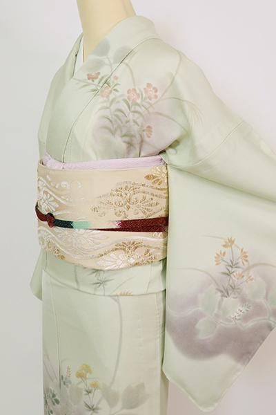 銀座【B-2965】無線友禅 繍一ッ紋 単衣 訪問着 柳鼠色 秋草の図 - 銀座