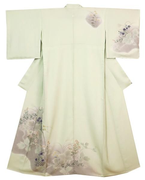 銀座【B-2965】無線友禅 繍一ッ紋 単衣 訪問着 柳鼠色 秋草の図 - 銀座