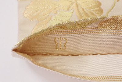 銀座【L-5770】西陣 川島織物製 本袋帯 金色 菊や竹の図（落款入 