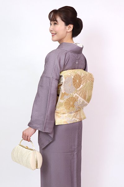 銀座【L-5770】西陣 川島織物製 本袋帯 金色 菊や竹の図（落款入 