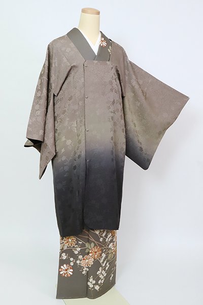 銀座【E-1444】（細め）リバーシブル 道行コート 江戸鼠色×紫黒色 裾暈