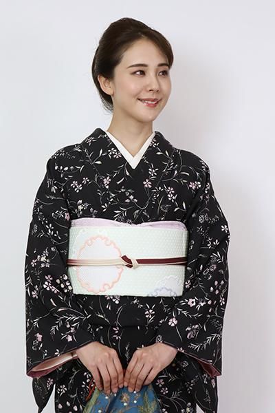 あおき【L-5802】西陣製 袋帯 淡い白緑色 雪輪文（証紙付