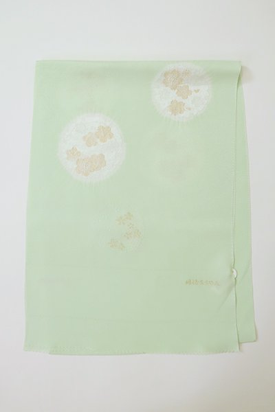 【G-1897】京都衿秀 帯揚げ 雪輪に梅や桜の図 白緑色