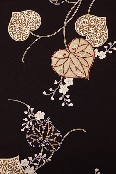 銀座【E-1450】縮緬地 羽織 黒鳶色 葵の図（羽織紐付） - 銀座きもの 