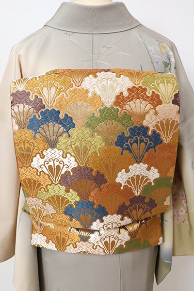 銀座【L-5840】西陣 河合美術織物製 袋帯 金色 雪輪青海波（落款入）