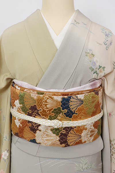 銀座【L-5840】西陣 河合美術織物製 袋帯 金色 雪輪青海波（落款入