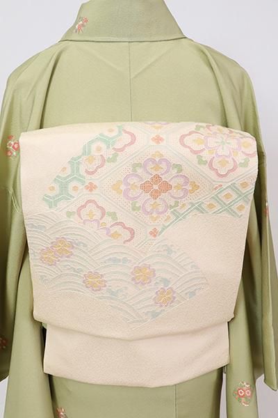 銀座【K-7869】スワトウ刺繍 名古屋帯 薄卵色 地紙文（反端付