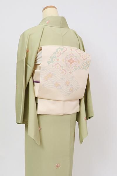 銀座【K-7869】スワトウ刺繍 名古屋帯 薄卵色 地紙文（反端付