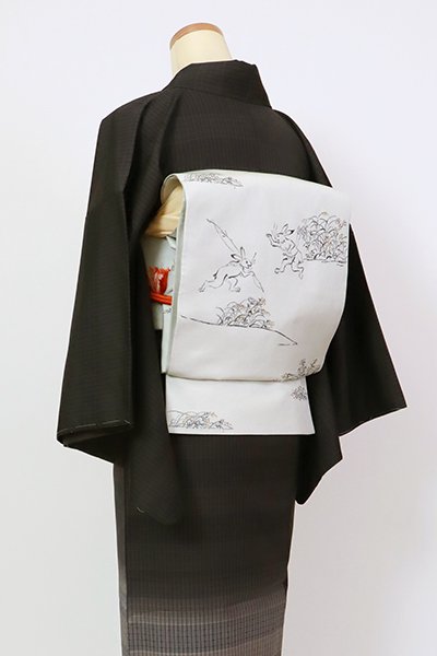 銀座【L-5884】西陣 川島織物製 洒落袋帯 絹鼠色 鳥獣戯画図 - 銀座