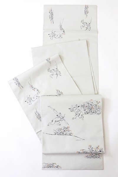 銀座【L-5884】西陣 川島織物製 洒落袋帯 絹鼠色 鳥獣戯画図 - 銀座