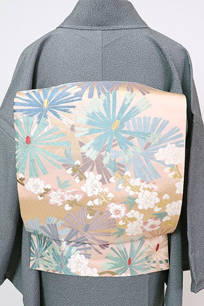 銀座【L-5959】袋帯 灰梅色 松や桜の図