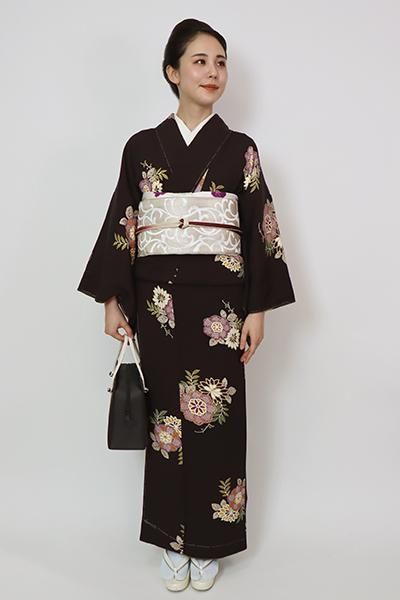 銀座【D-2954】(S・細め)小紋 黒鳶色 花文 - 銀座きもの青木｜長く