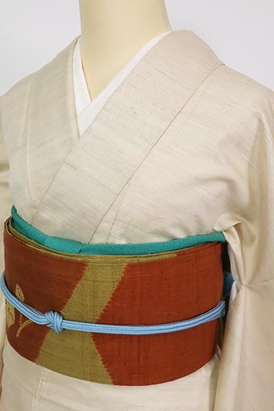銀座【A-3510】(細め)新田秀次作 紅花紬 練色 横段（落款入