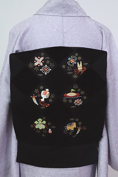 銀座【K-8000】工芸キモノ野口製 切りビロード 刺繍 名古屋帯 黒色 