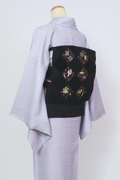 銀座【K-8000】工芸キモノ野口製 切りビロード 刺繍 名古屋帯 黒色