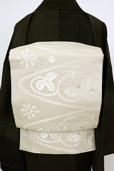銀座【K-8003】西陣 織楽浅野製 二部式 織名古屋帯 枯野色 花唐草文