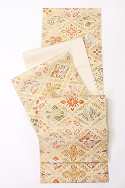 銀座西陣 川島織物製 本袋帯 薄香色 有職菱文落款入