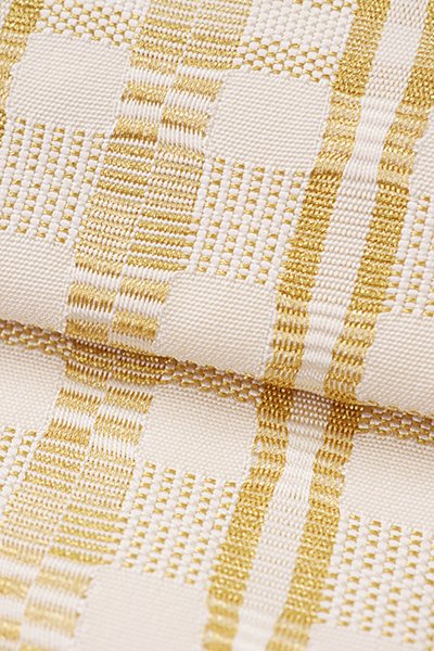 銀座【K-8026】西陣 龍村美術織物製 開き織名古屋帯 生成り色×金色 金 