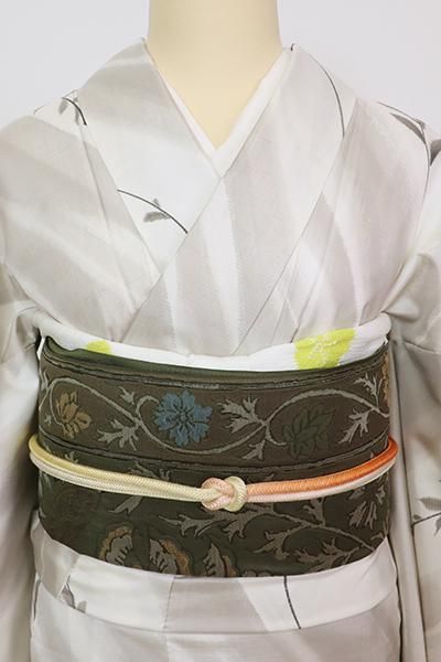 銀座【L-5985】西陣 三風魯製 洒落袋帯 藍媚茶色 更紗花文（落款