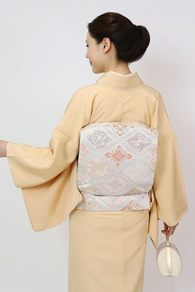 銀座【L-5993】西陣 川島織物製 本袋帯 絹鼠色 格天井に有職文など