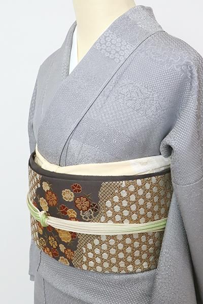 あおき【L-6027】西陣 加納幸製 袋帯 黒橡色 籠目に桜文 - 銀座きもの