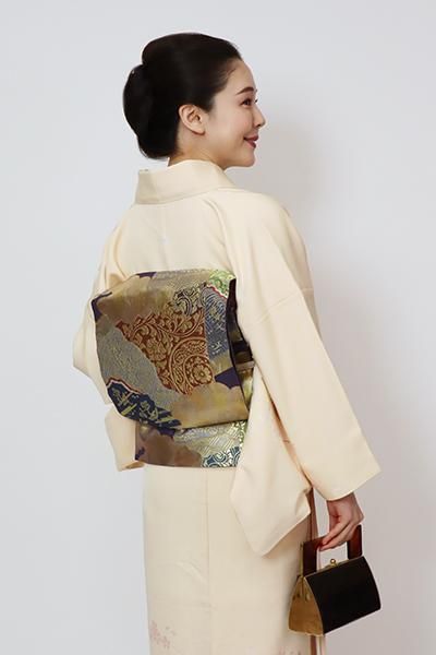 銀座【L-6047】西陣 川島織物製 袋帯 藍色 屏風に名物裂など