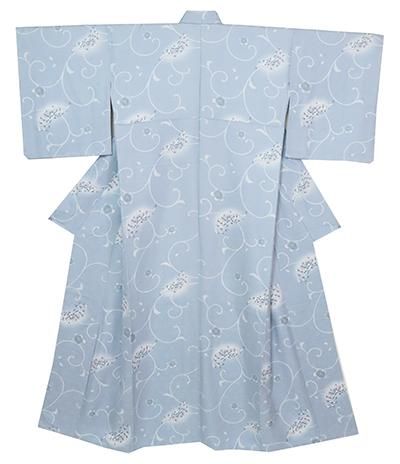 銀座【D-2997】小紋 淡い薄群青色 菊唐草に桜の図 - 銀座きもの