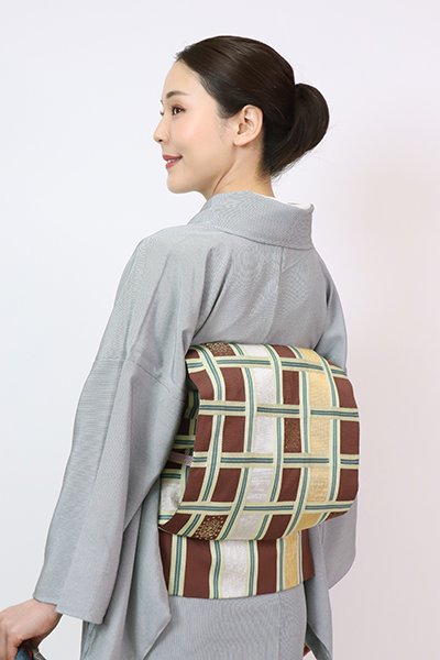銀座【K-8095】西陣 川島織物製 綴れ織り 開き八寸織名古屋帯 茶褐色