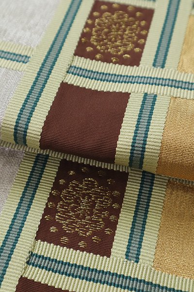 銀座【K-8095】西陣 川島織物製 綴れ織り 開き八寸織名古屋帯 茶褐色 