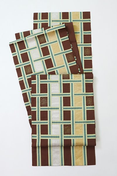 銀座【K-8095】西陣 川島織物製 綴れ織り 開き八寸織名古屋帯 茶褐色