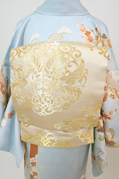 銀座【L-6095】西陣 川島織物製 本袋帯 薄卵色 鳳凰の丸文（落款入