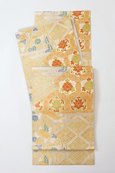 銀座【L-6098】西陣 川島織物製 本袋帯 砂色 松皮菱に有職文など（落款