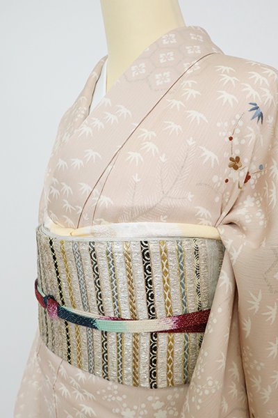 銀座【L-6104】斎藤織物製 袋帯 透かし織り 絹鼠色 横段 - 銀座きもの