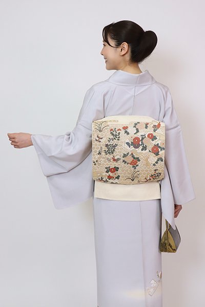 銀座【L-6109】絽 袋帯 練色 扇面に四季花や蝶など