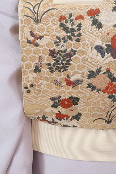 銀座【L-6109】絽 袋帯 練色 扇面に四季花や蝶など - 銀座きもの青木 