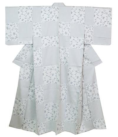 銀座【D-3040】(広め)単衣 西陣御召 着物 灰青色 市松に花唐草 銀座【D-3040】(広め)単衣 西陣御召 着物 灰青色 市松に花唐草