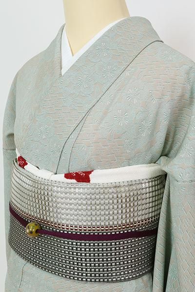 銀座【D-3044】単衣 伊勢型小紋 利休白茶色 不断桜文（落款入