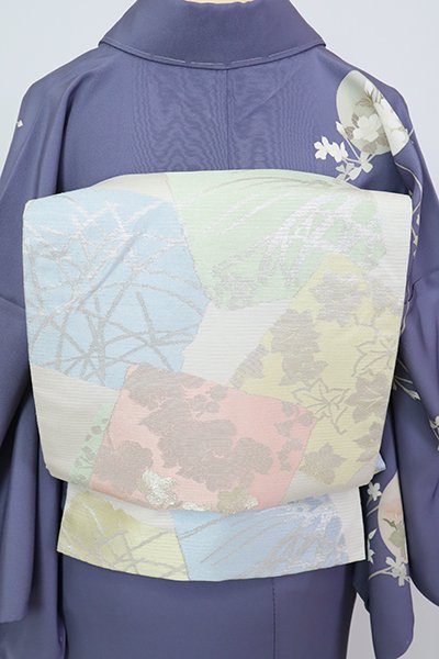銀座【L-6181】西陣 川島織物製 絽 袋帯 生成り色 色紙重ね文（落款入）