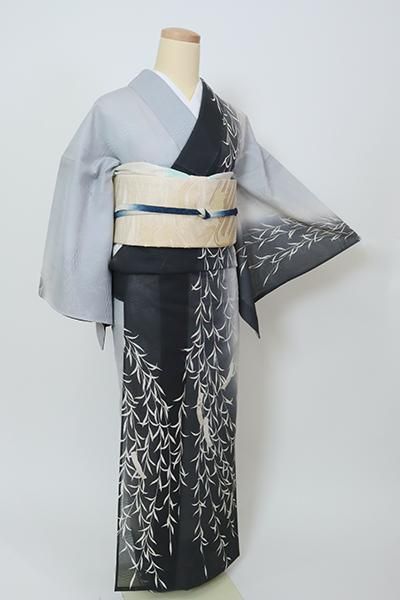 銀座【B-3133】（S）変わり絽 訪問着 灰青色×藍墨茶色 柳に短冊