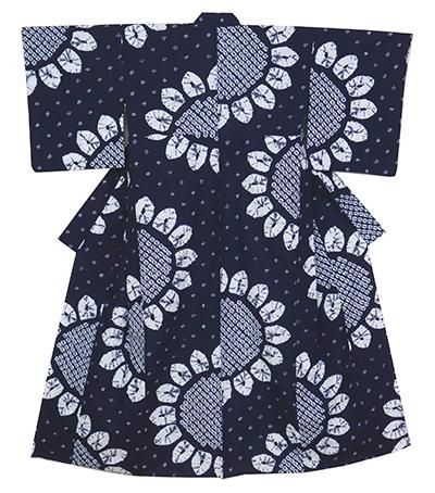 銀座【D-3084】（S）木綿地 絞り染め 浴衣 鉄紺色 向日葵の図