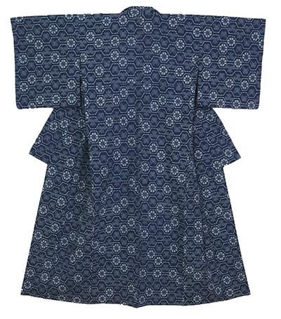銀座【D-3088】木綿地 浴衣 留紺色 亀甲に笹や蝶の図（青山み