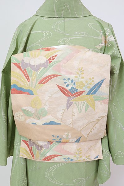 銀座【L-6202】西陣 川島織物製 絽 袋帯 洗柿色 沢瀉や杜若の図 （落款入）