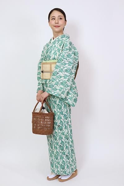 銀座【D-3074】本場小千谷縮地 松煙染 小紋 常磐緑色×象牙色 銀座【D-3074】本場小千谷縮地 松煙染 小紋 常磐緑色×象牙色