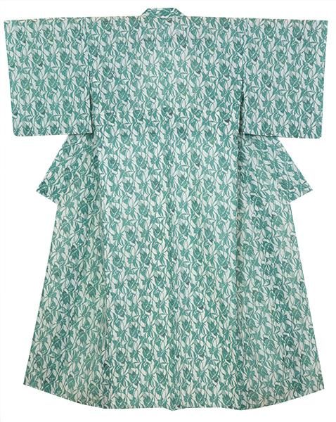【激安大特価！】 銀座【D-3074】本場小千谷縮地 松煙染 小紋 常磐緑色×象牙色 着物・浴衣