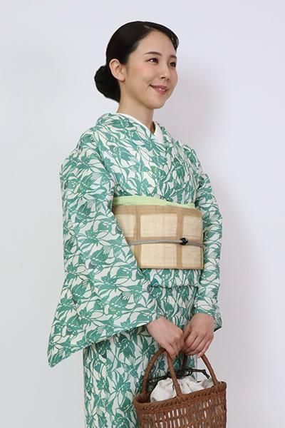 銀座【D-3074】本場小千谷縮地 松煙染 小紋 常磐緑色×象牙色